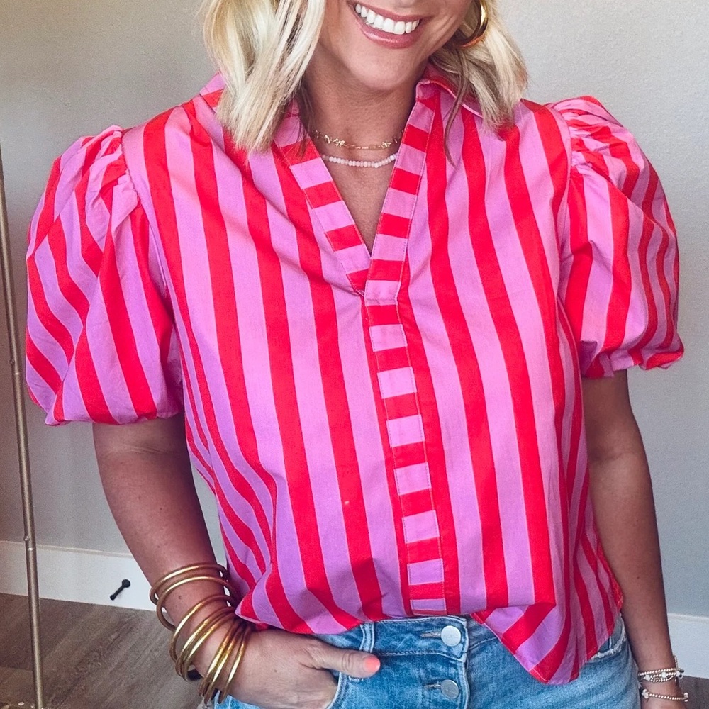 Pink & Red Striped Puff-Sleeve V-Neck Top